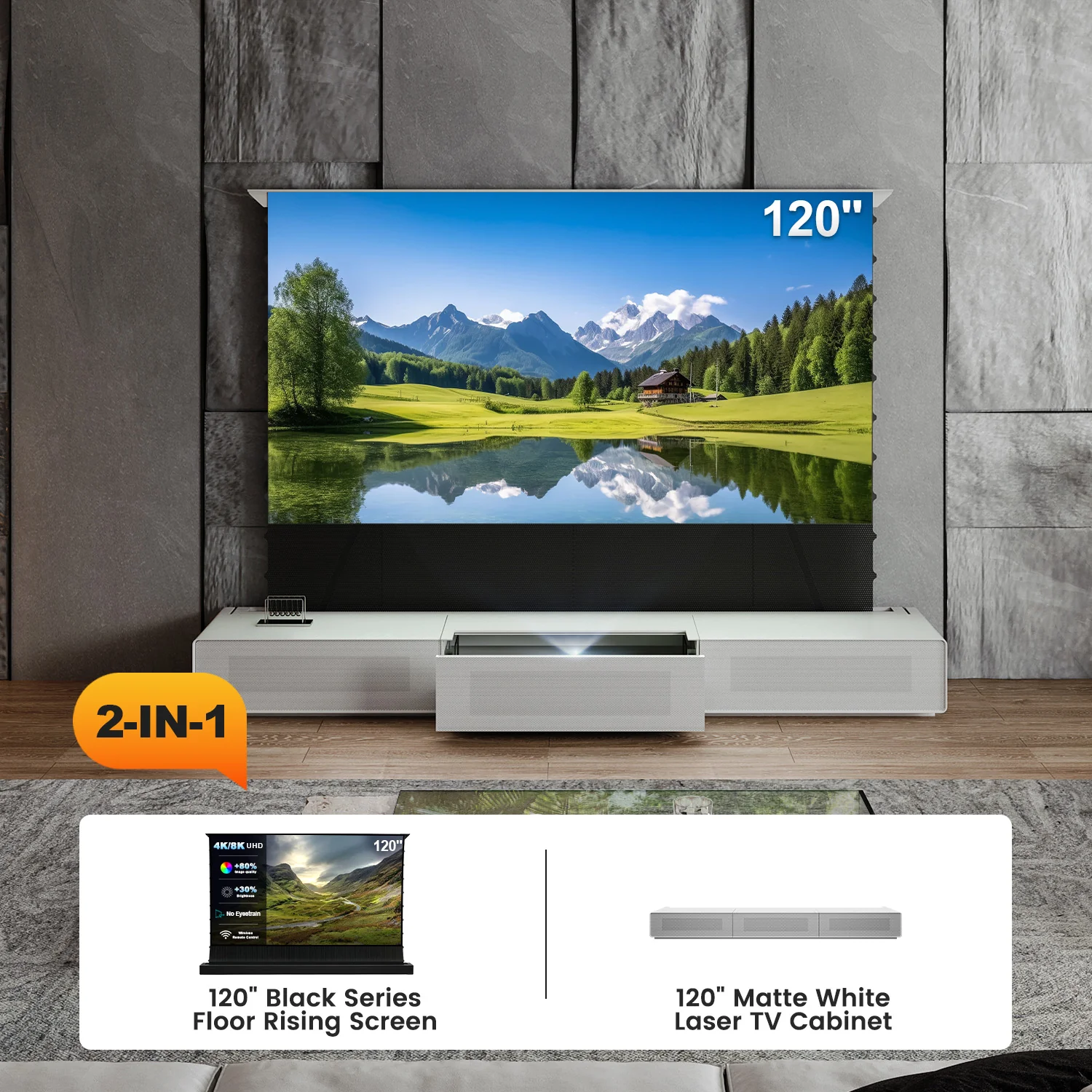 Shore UST Projector Matte Cabinet + Black Series Motorized Floor Rising Screen Bundle (Pre-Assembled) - Image 12