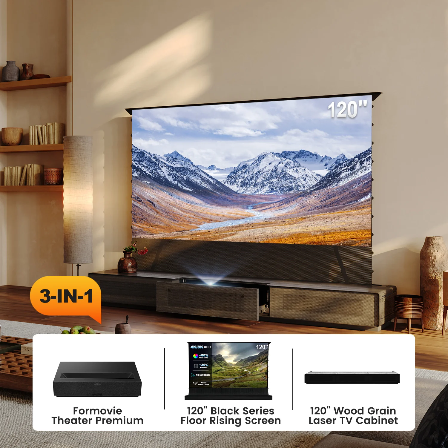 Shore Wood Grain UST Projector Cabinet + Black Series Motorized Floor Rising Screen Bundle (Cabinet Pre-Assembled） - Image 14