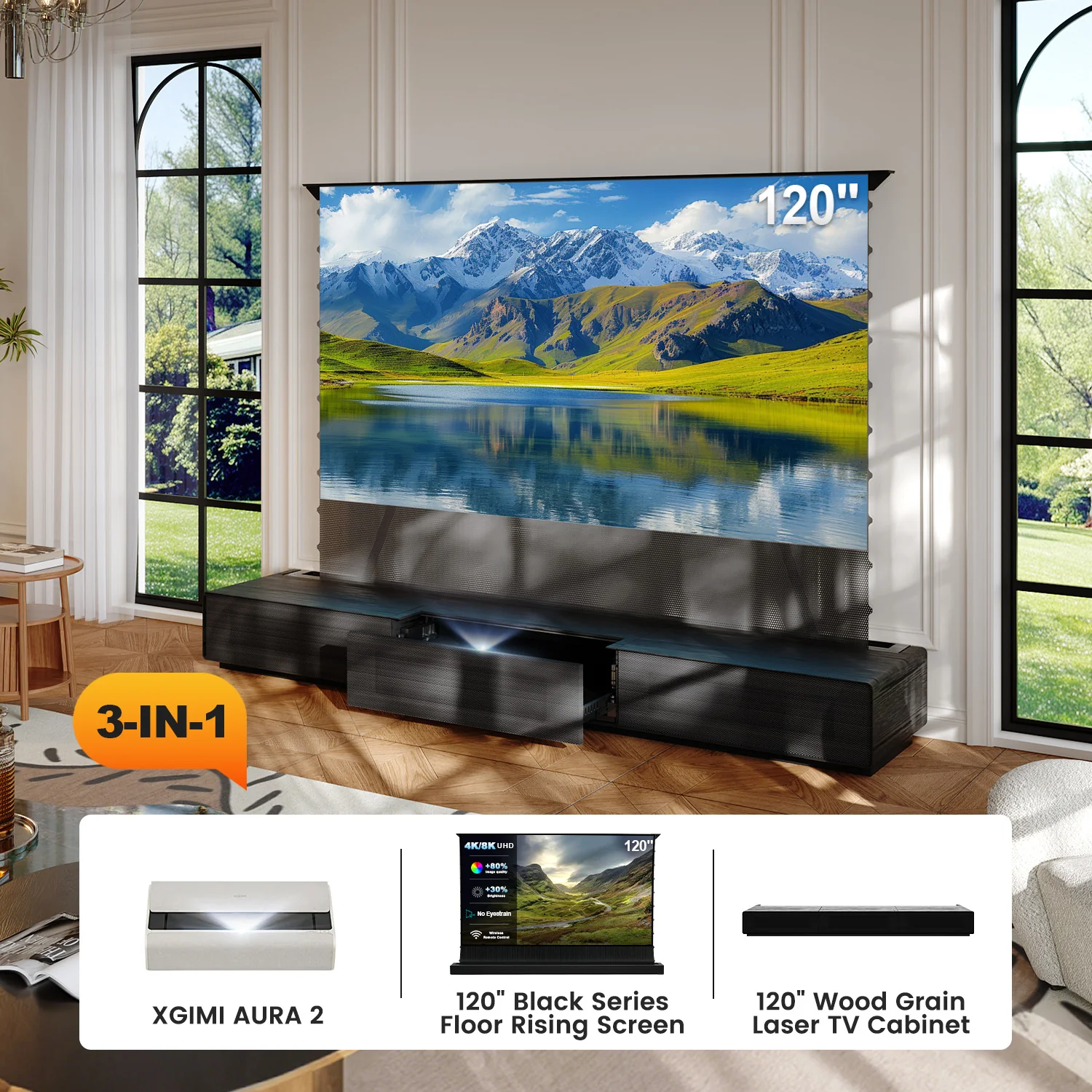 Shore Wood Grain UST Projector Cabinet + Black Series Motorized Floor Rising Screen Bundle (Cabinet Pre-Assembled） - Image 17